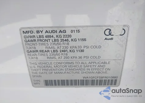 2015 Audi Q3 2.0T Premium Plus from USA, damaged, VIN WA1GFCFS8FR010880